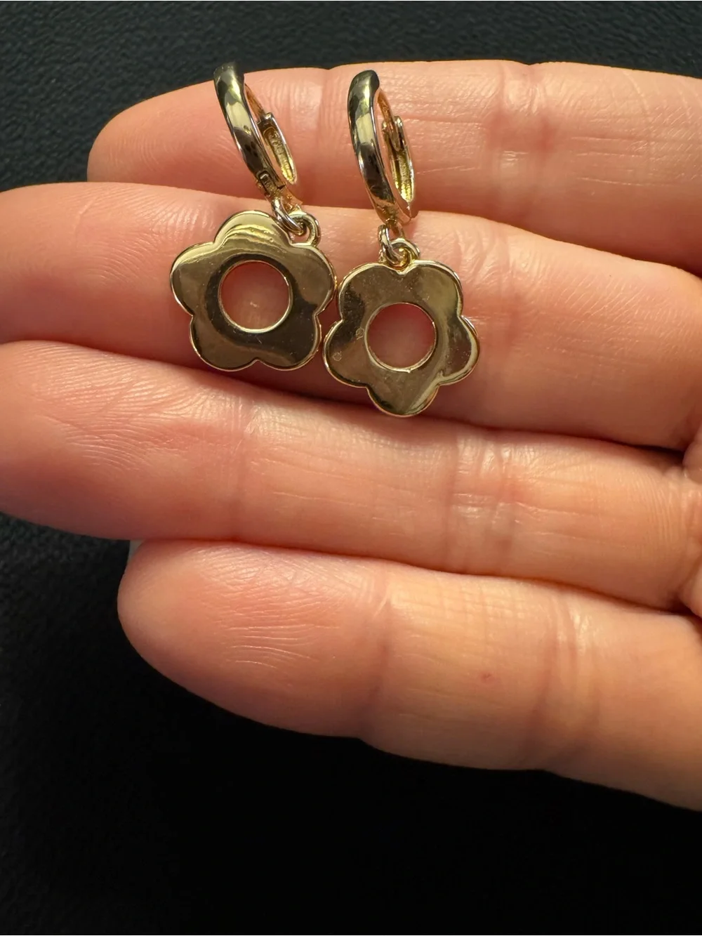 Gold Open Daisy Flower Drop Huggie Hoop Earrings 1”